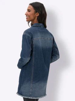 Jeansjacke mit Fransen-Kante, Longform