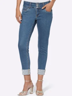 Push-up-Jeans mit Zierperlen und -steinen am Umschlag