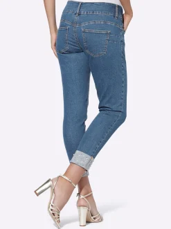 Push-up-Jeans mit Zierperlen und -steinen am Umschlag