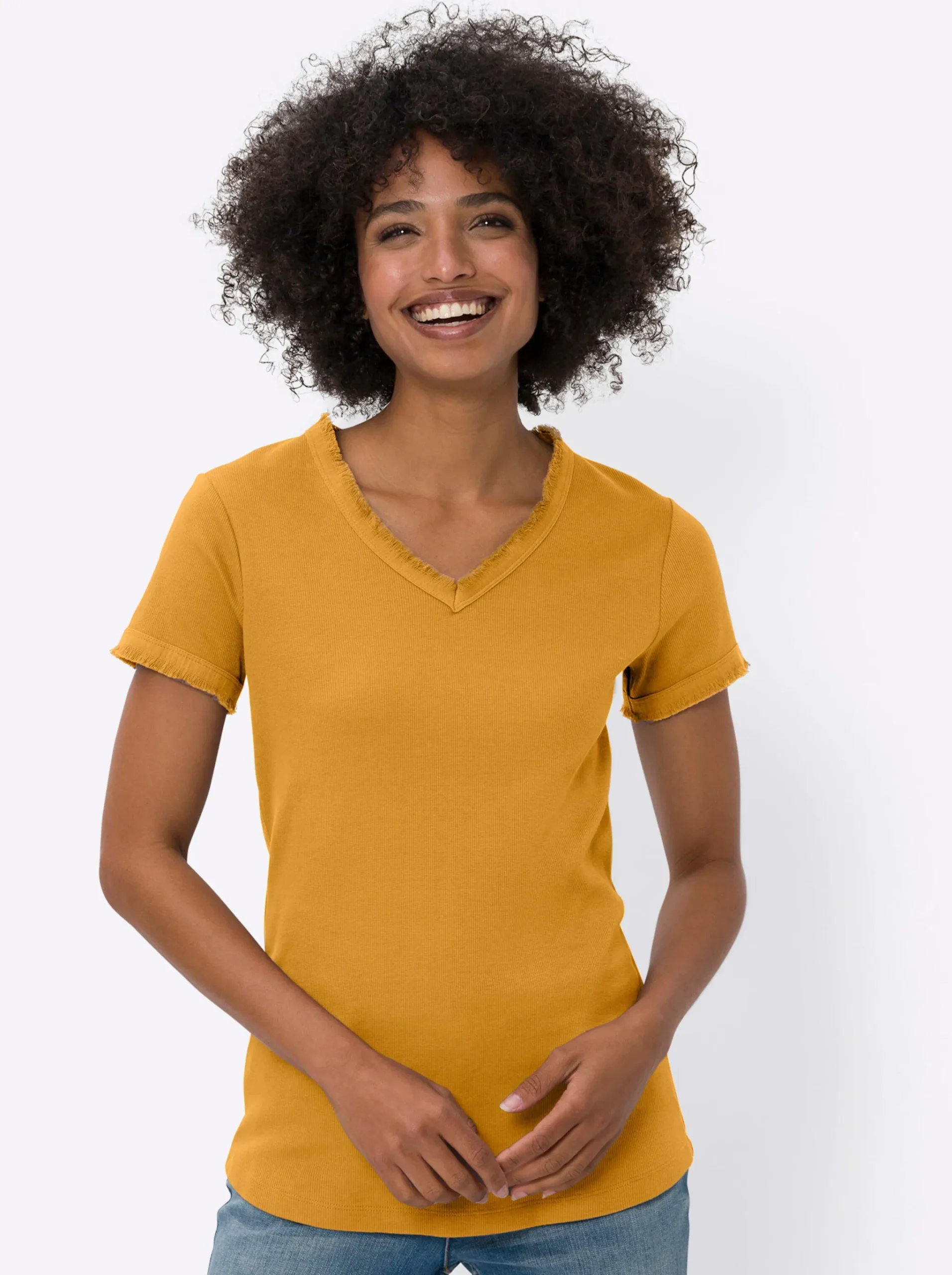 V-Shirt mit Fransen-Kante