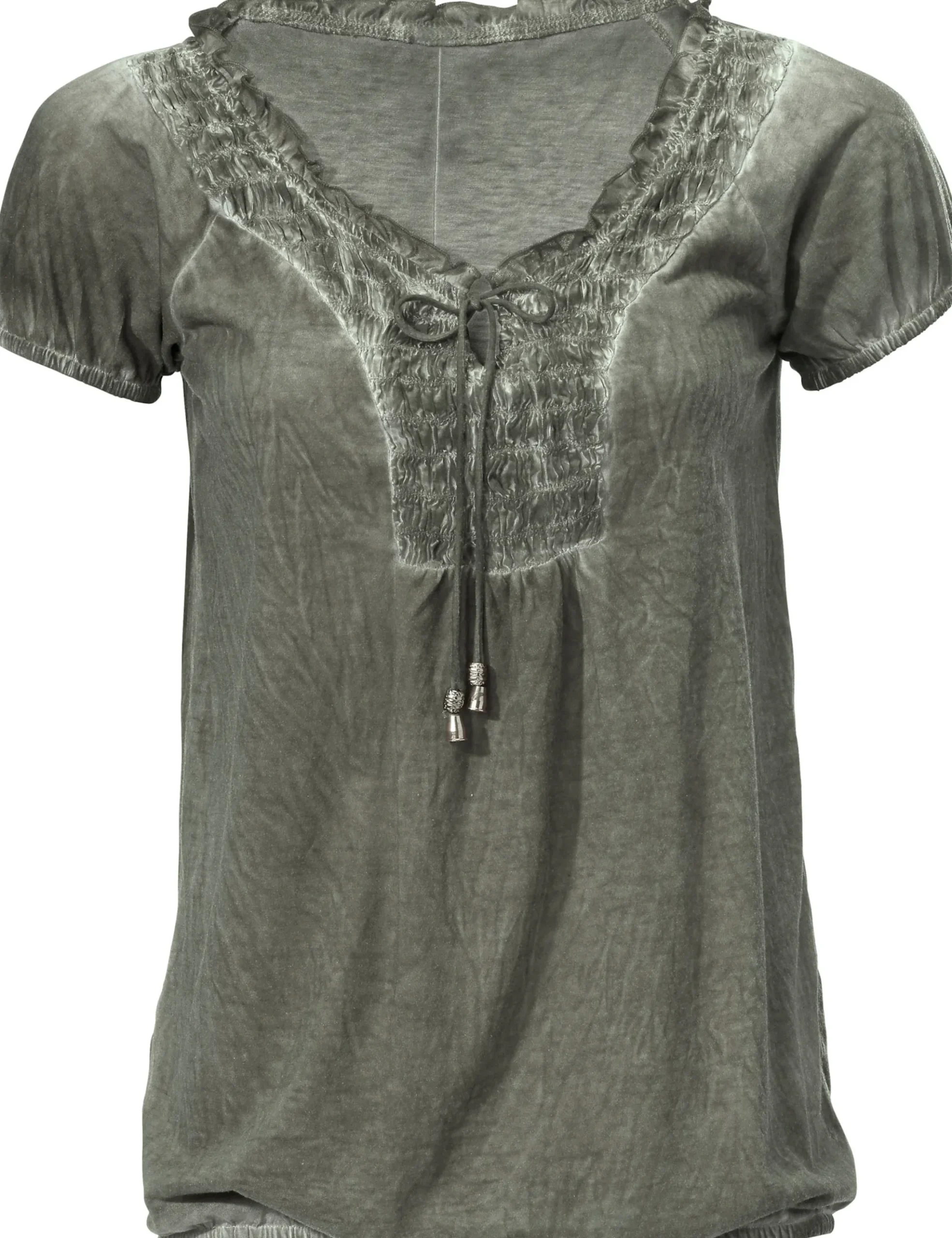 V-Shirt mit gesmoktem Ausschnitt