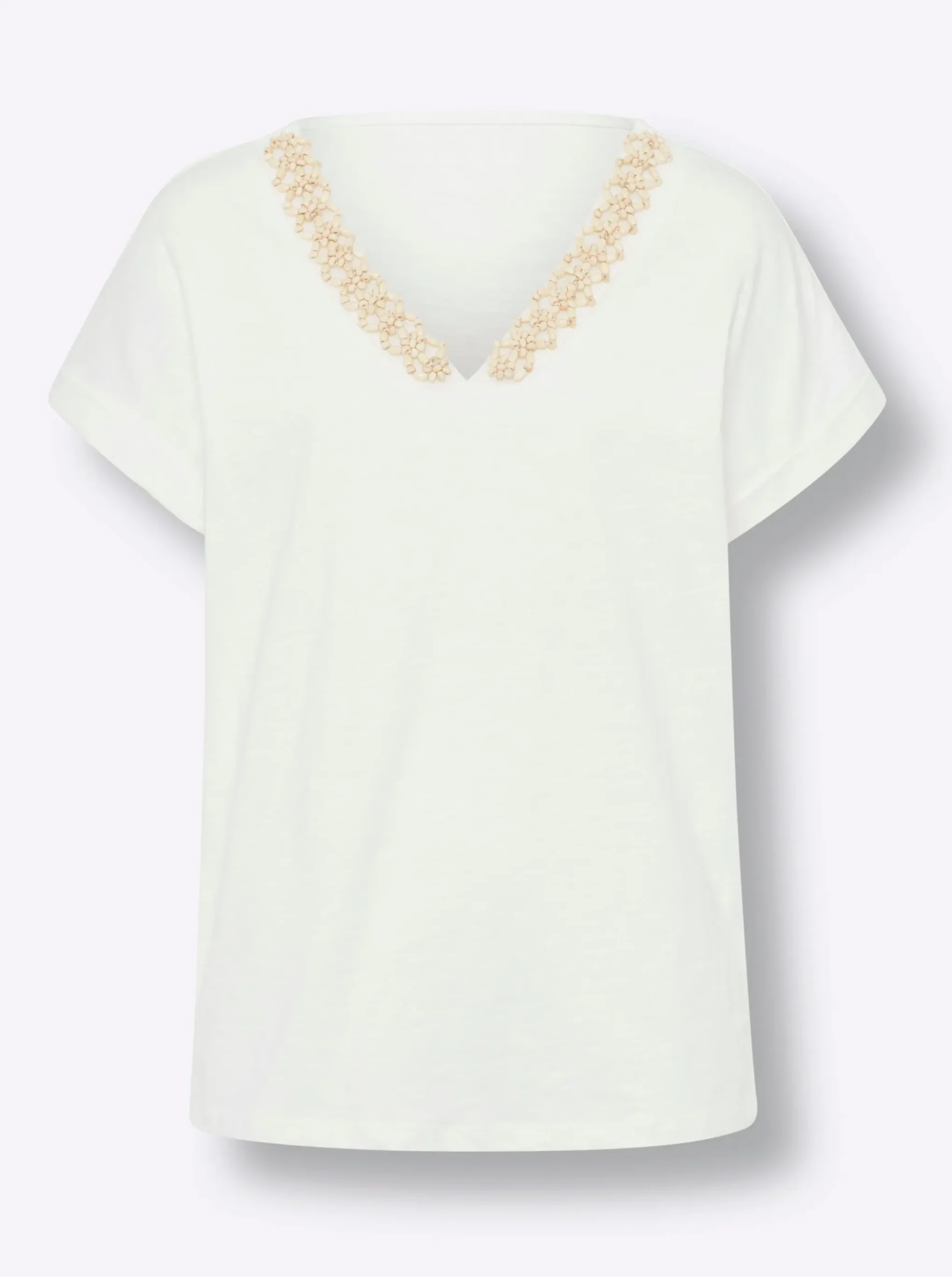 V-Shirt mit Holzperlen-Besatz