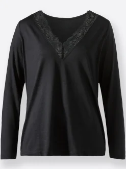 V-Shirt mit Spitzen-Einsatz